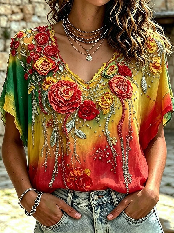 Women's Juneteenth Floral Colorblock Ombre Print Casual V Neck T-Shirt