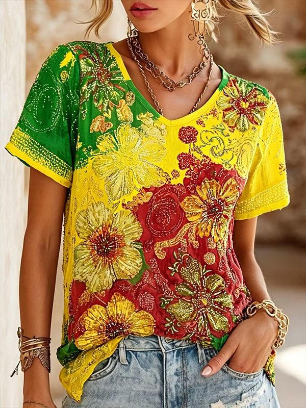 Women's Juneteenth Ombre Floral Print Casual V Neck T-Shirt