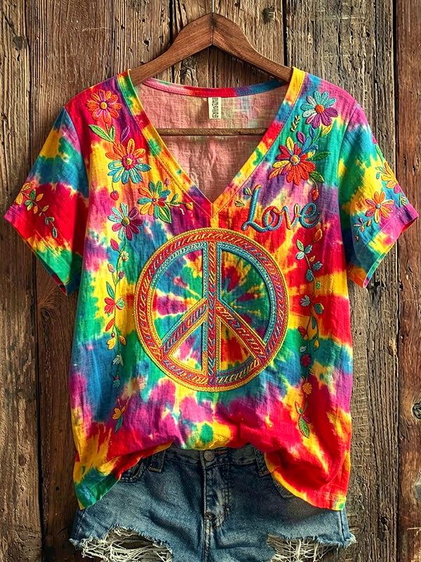 Women's Hippie Love Peace Symbol Tie-Dye Art Print V Neck T-Shirt