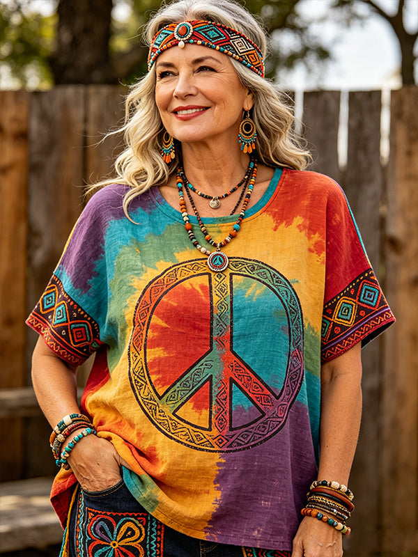 Women's Tie-Dye Peace Sign Rainbow Hippie Art Print Casual T-Shirt