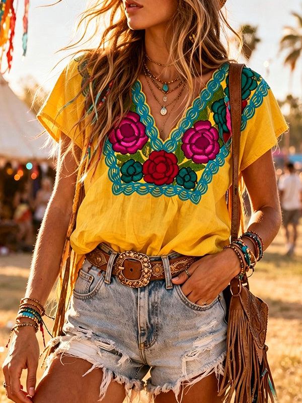 Women's Mexican Floral Boho Art Print Casual V Neck T-Shirt
