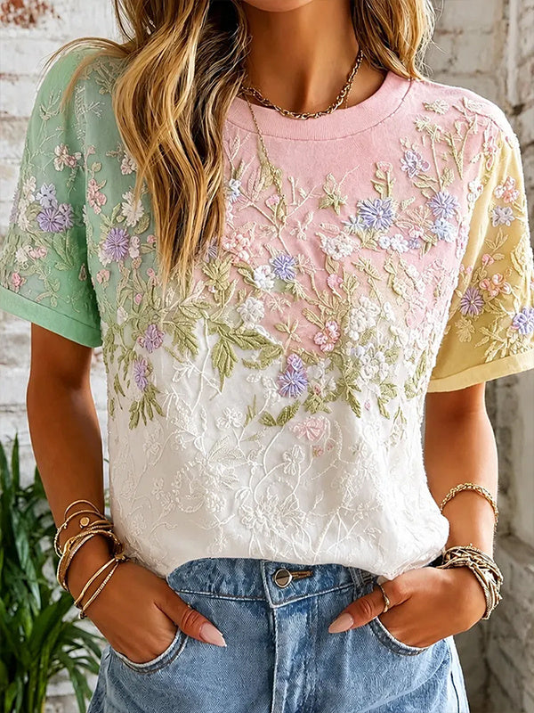 Women's Floral Gradient Colorblock Print Casual T-Shirt