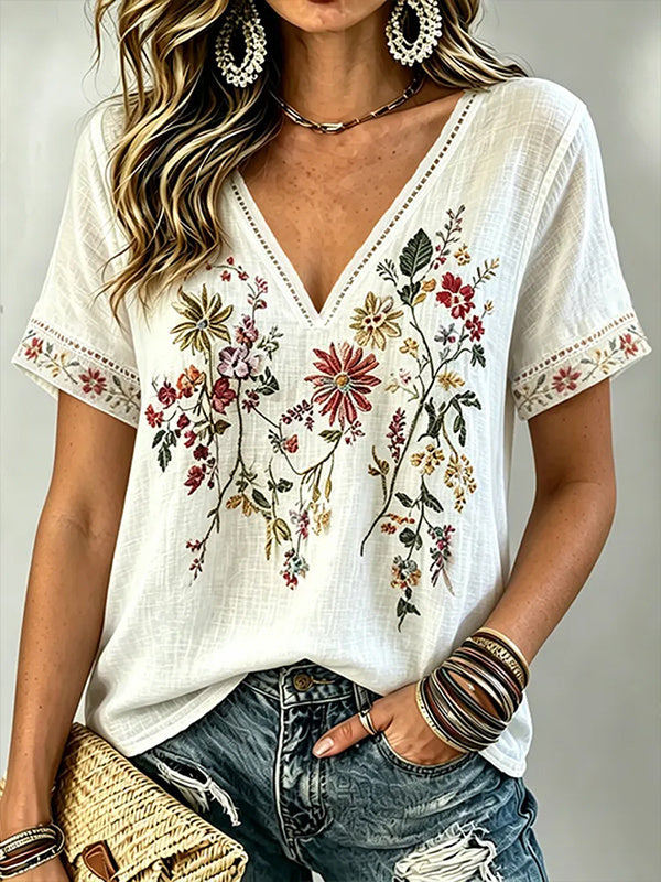 Women's Boho Flowers Vines Print Casual V Neck T-Shirt