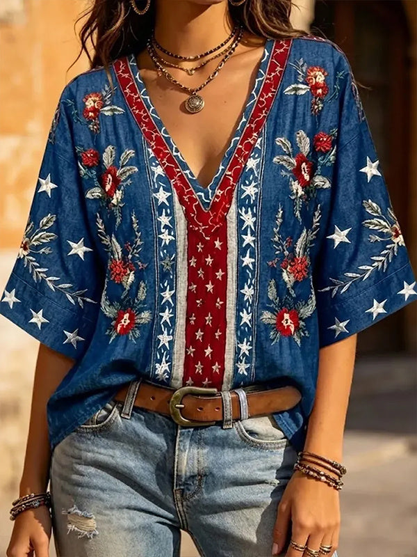 Women's American Stars Flowers Print Casual V Neck T-Shirt