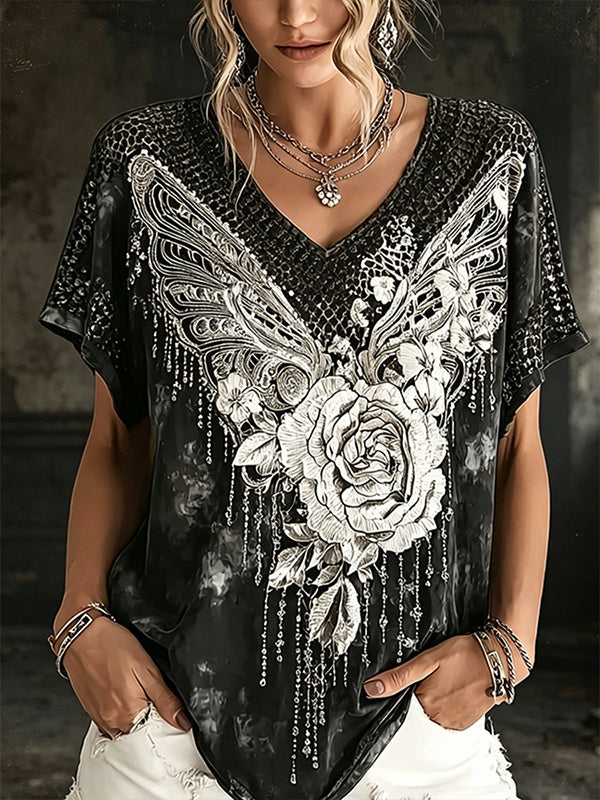 Women's Boho Lace Rose And Wing Rhinestone Print Casual V Neck