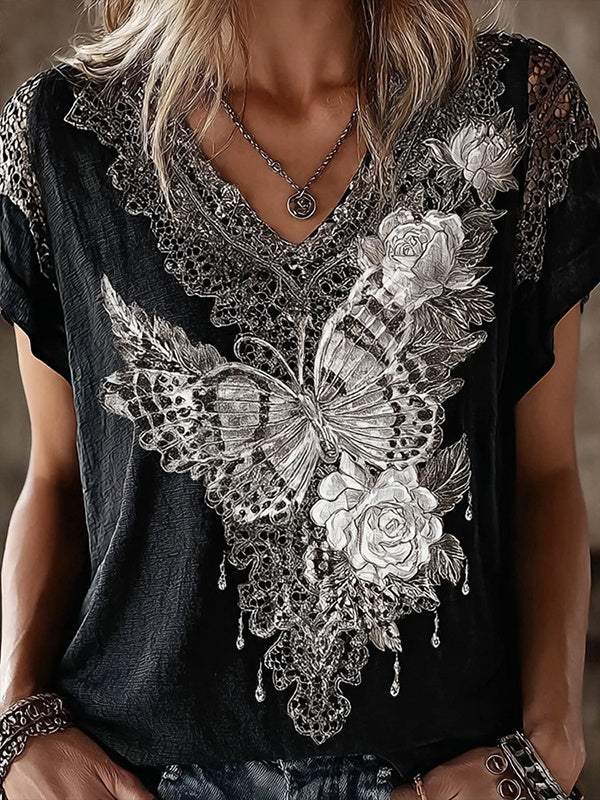 Women's Butterfly & Rose Lace Print Casual V Neck T-Shirt
