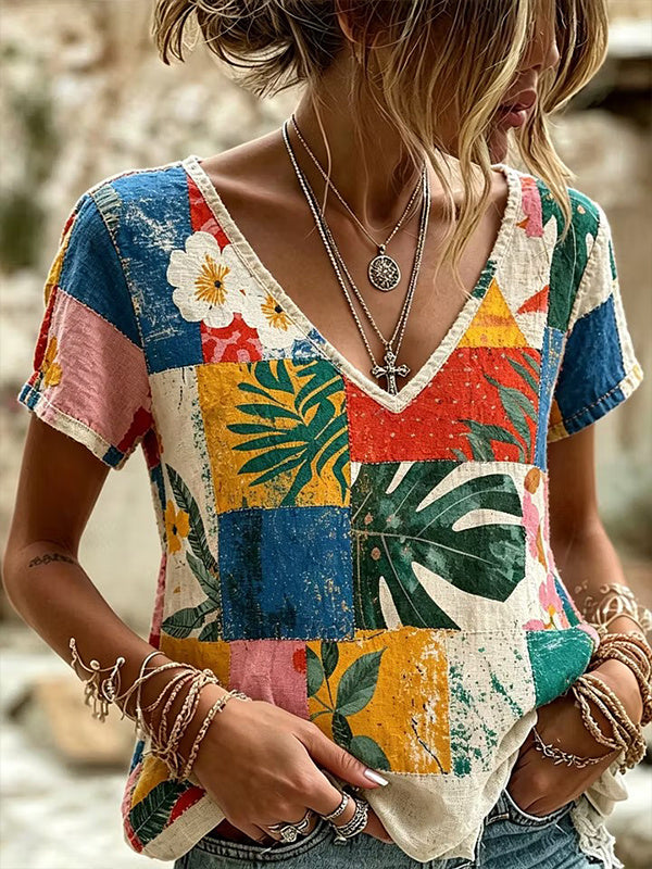 Women's Boho Tropical Floral Patchwork Print Casual V Neck T-Shirt