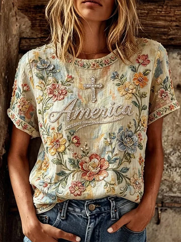 Women's Floral America Rhinestone Cross Boho Art Print Casual T-Shirt