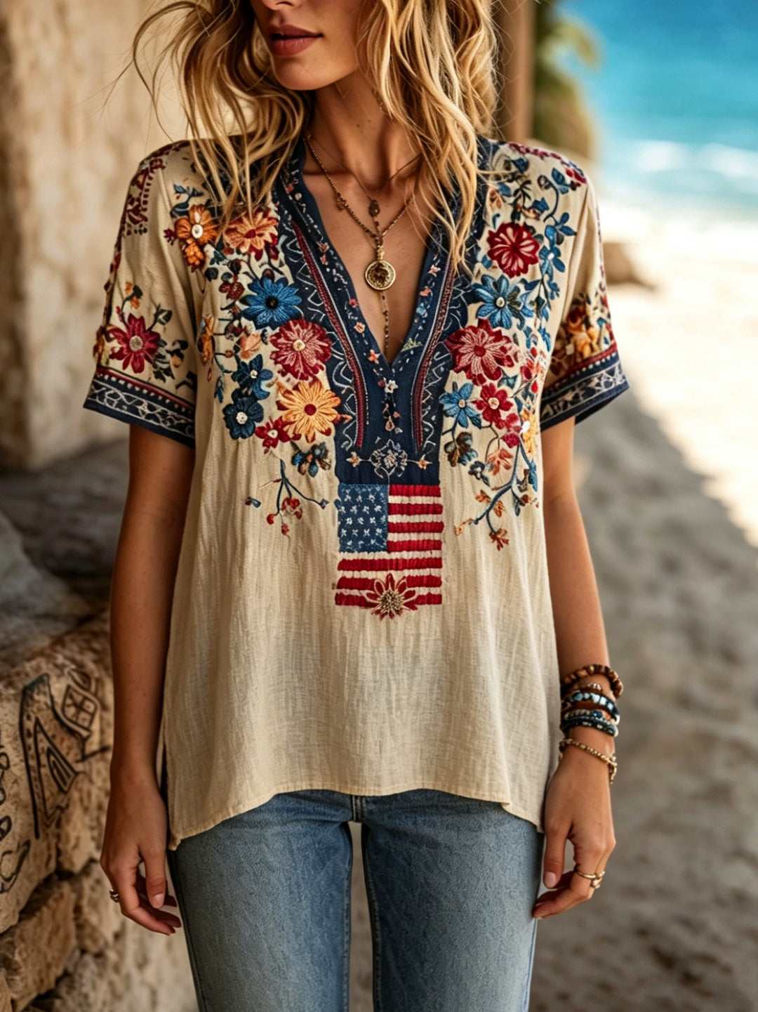 Women's Independence Day Flowers Print Casual V Neck T-Shirt