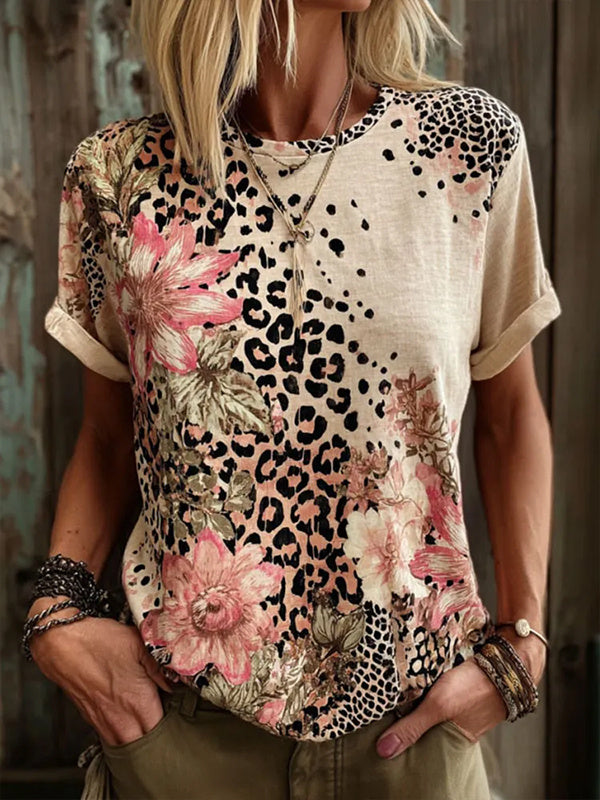 Women's Leopard Flowers Print Casual T-Shirt