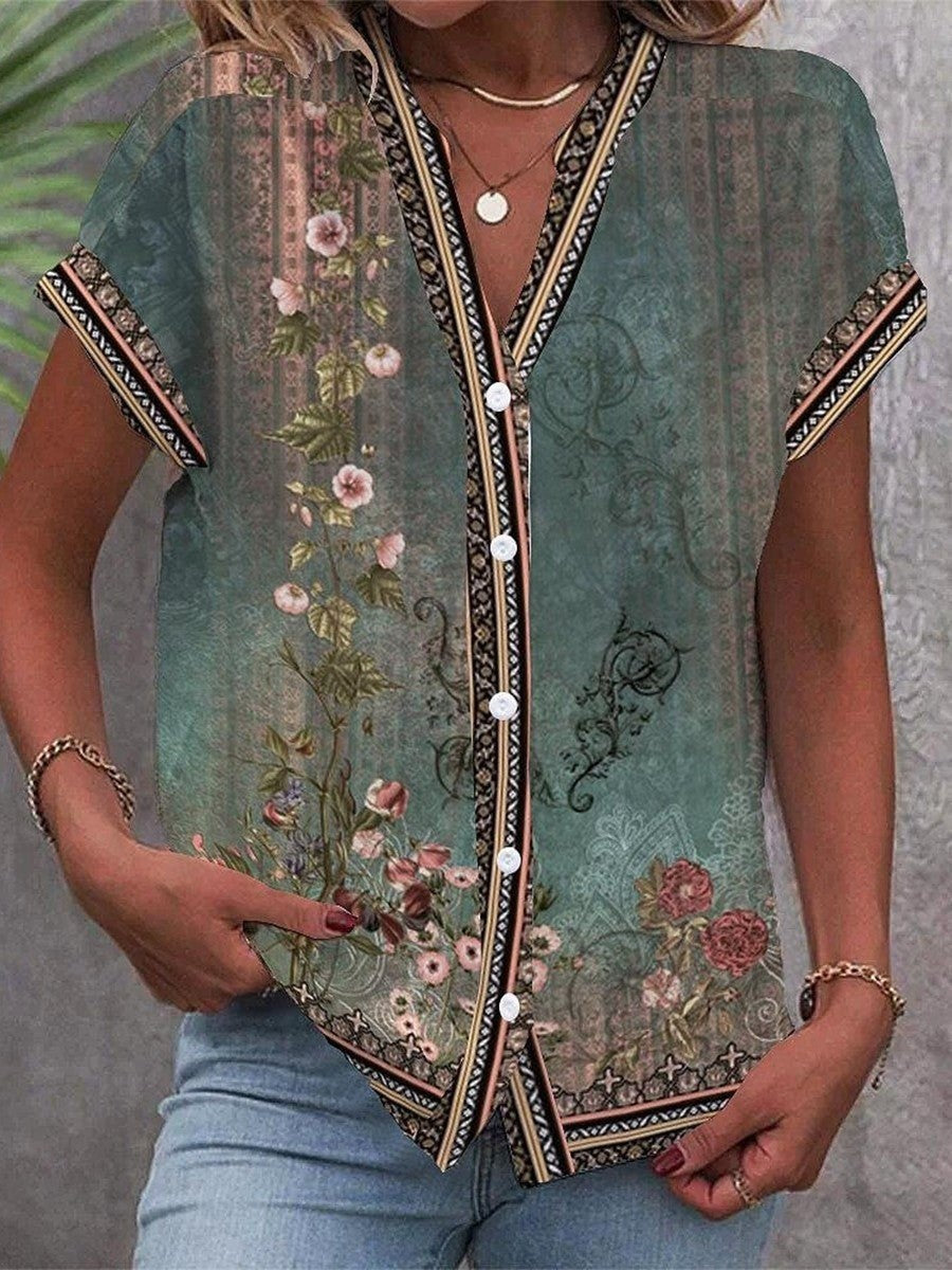 Women's Boho V-Neck Blouse Short Sleeve Lightweight Floral
