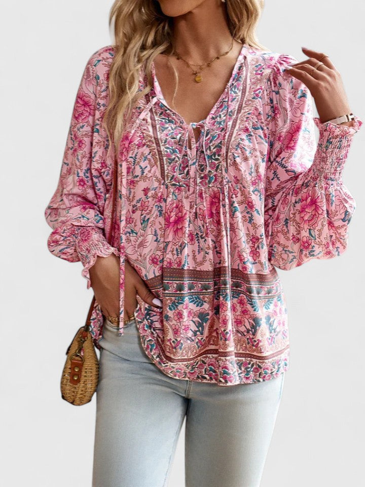 Women's Boho Floral Long Sleeve Peasant Top