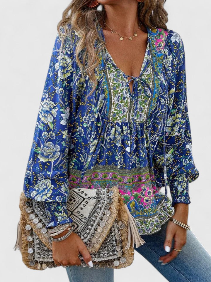 Women's Boho Floral Long Sleeve Peasant Top