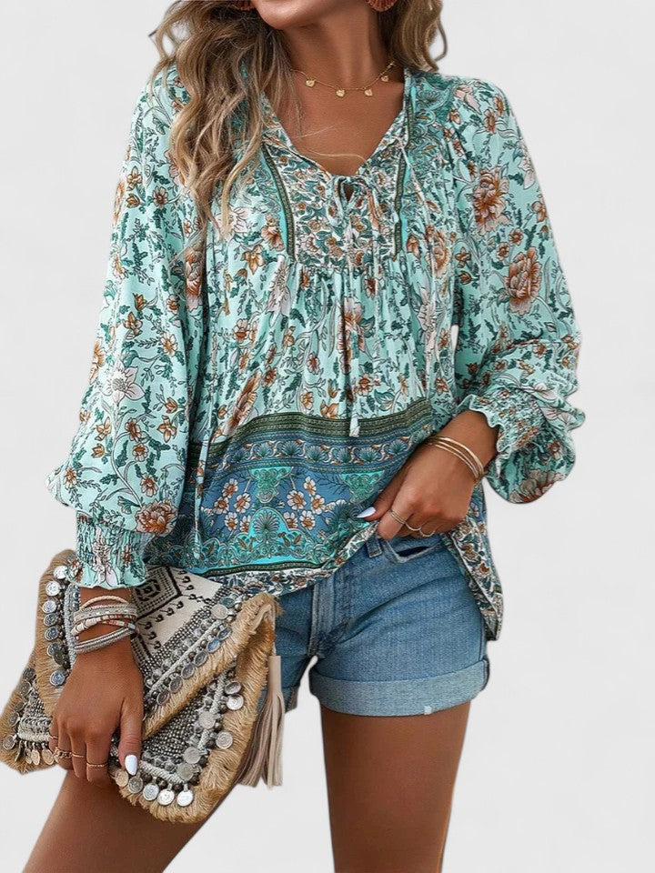 Women's Boho Floral Long Sleeve Peasant Top