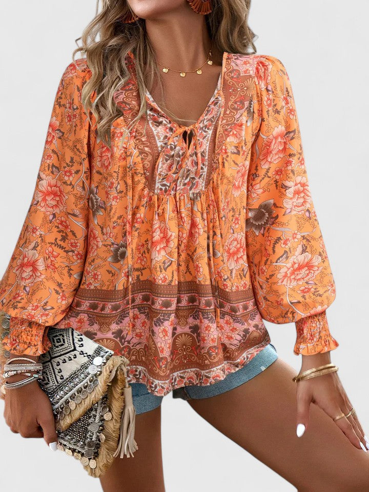 Women's Boho Floral Long Sleeve Peasant Top