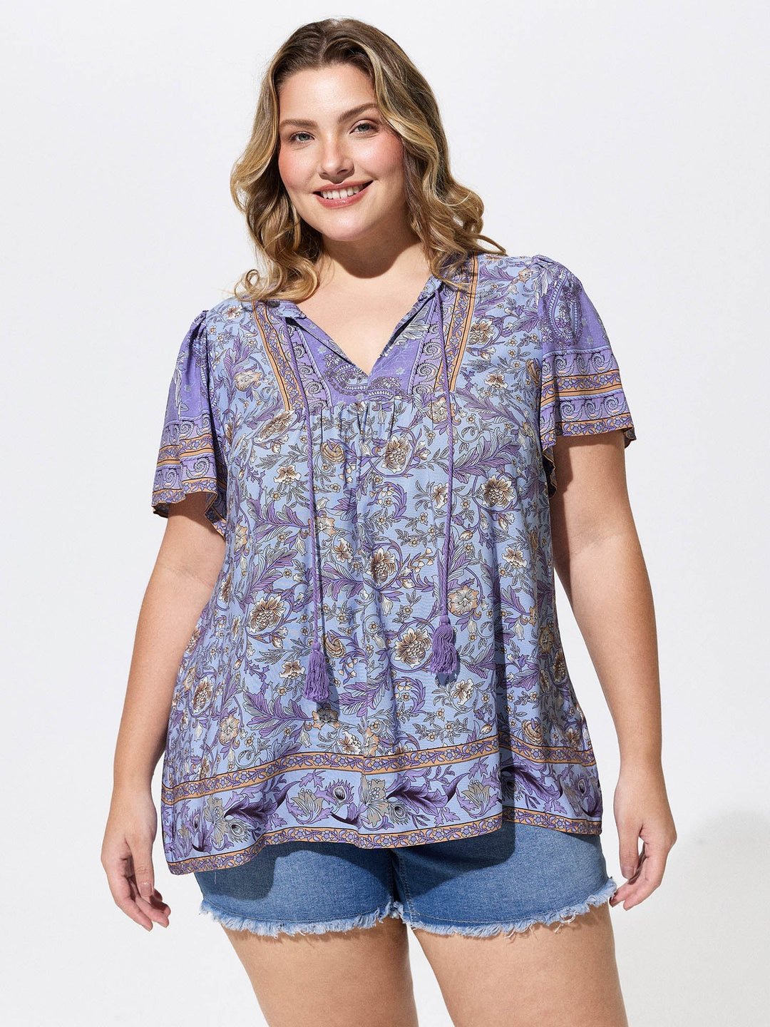 Floral Print Tassel Ruffled Sleeve Blouse