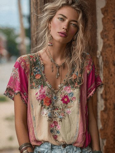 Boho Cotton Tee V Neck