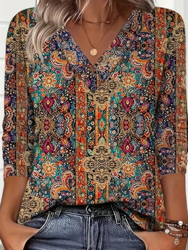 Boho Floral V Neck Top