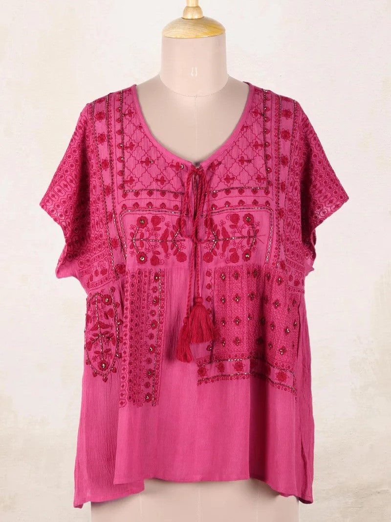 Floral Fields in Berry Beaded and Embroidered Viscose Blouse