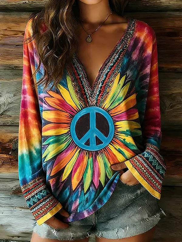 Women's Colorful Peace Flower Tie-Dye Art Print V Neck Long Sleeve T-Shirt