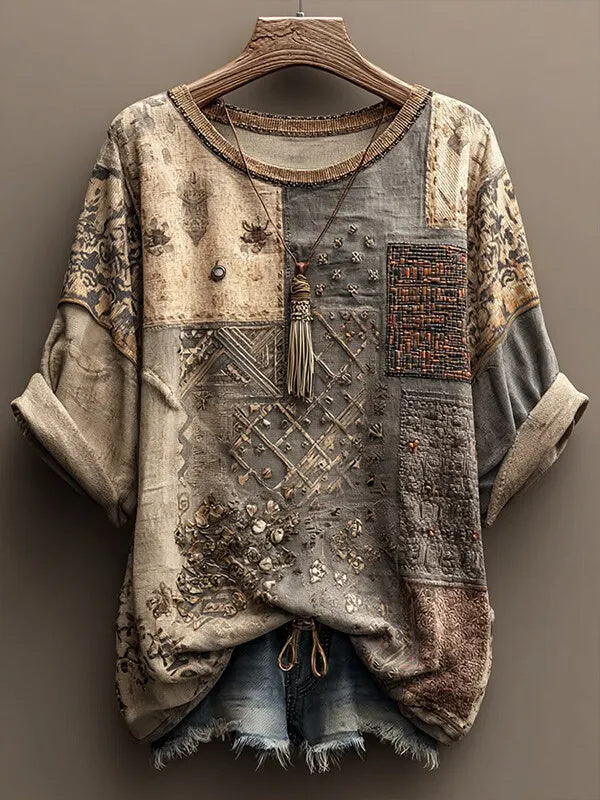 Women'S Retro Patchwork Bohemian Floral Print Casual T-Shirt