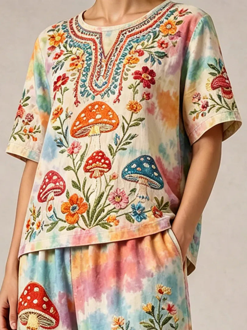 Women's Boho Hippie Tie-Dye Mushroom & Floral Art Print Casual T-Shirt