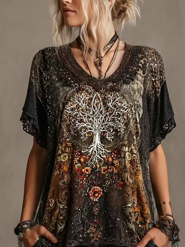 Women's Boho Floral Tree Of Life Print Casual T-Shirt