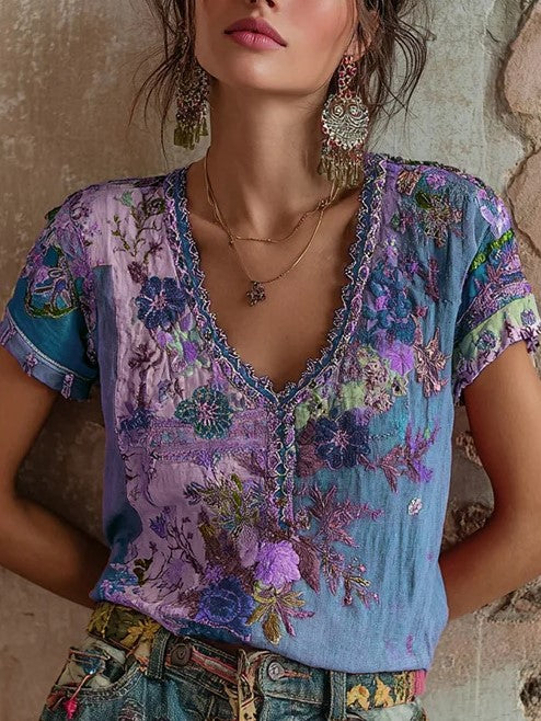 Bohemian Floral Art V-Neck Linen Blend Top