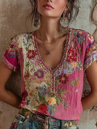 Bohemian Floral Art V-Neck Linen Blend Top