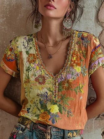 Bohemian Floral Art V-Neck Linen Blend Top
