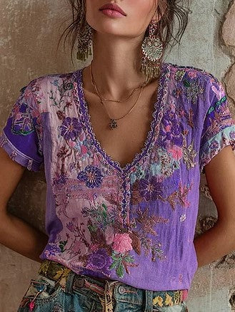 Bohemian Floral Art V-Neck Linen Blend Top