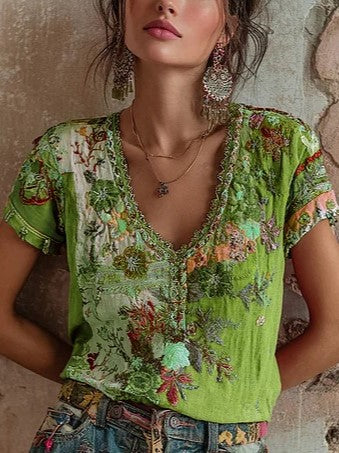 Bohemian Floral Art V-Neck Linen Blend Top