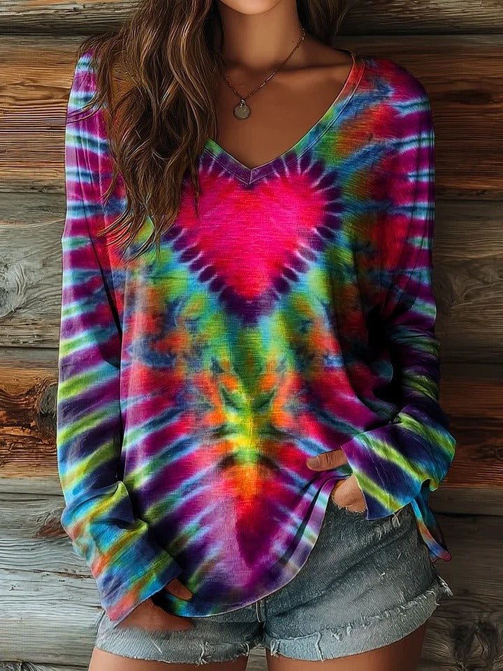 Women's Hippie Tie Dye Love Art Print Casual V-neck Long Sleeve T-shirt