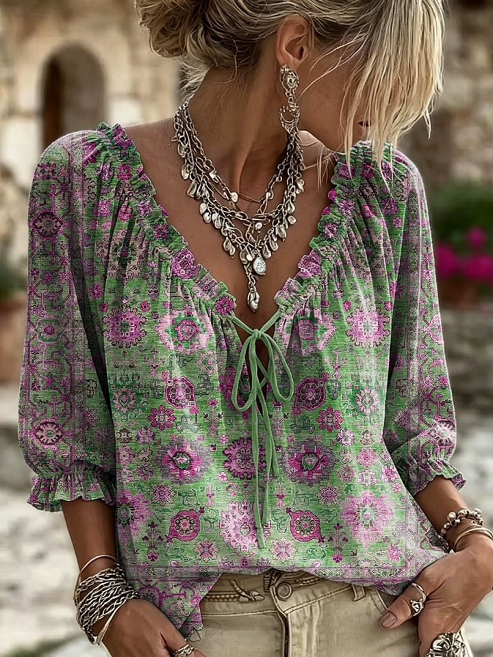 Women's Retro Ethnic Totem Art Print Casual Long-sleeved V-neck Ruffled Cotton Shirt