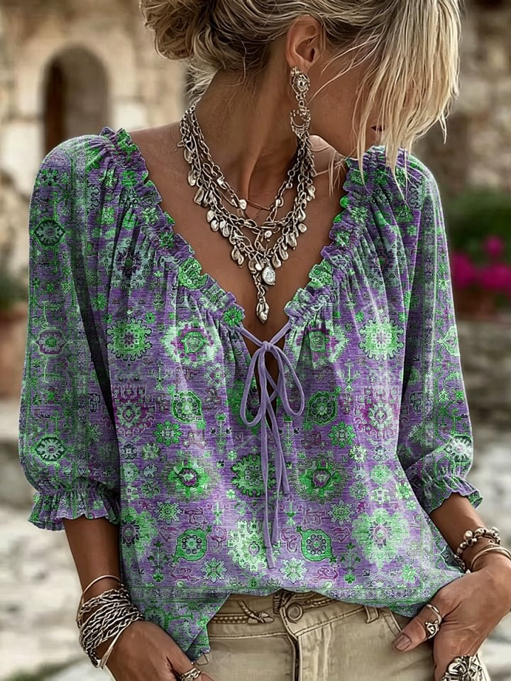 Women's Retro Ethnic Totem Art Print Casual Long-sleeved V-neck Ruffled Cotton Shirt