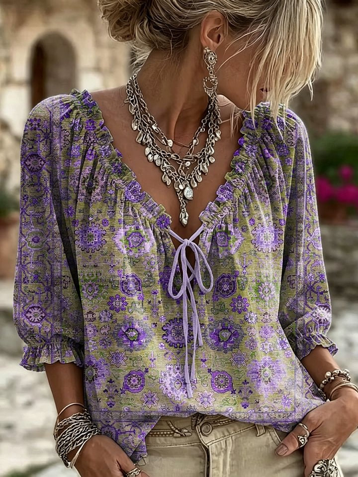 Women's Retro Ethnic Totem Art Print Casual Long-sleeved V-neck Ruffled Cotton Shirt