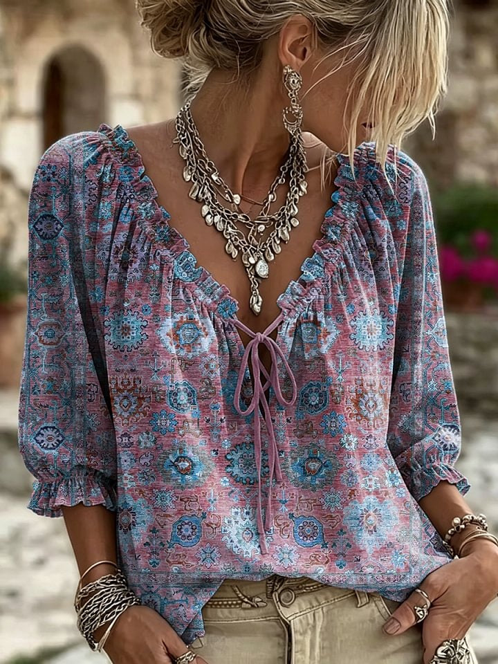 Women's Retro Ethnic Totem Art Print Casual Long-sleeved V-neck Ruffled Cotton Shirt