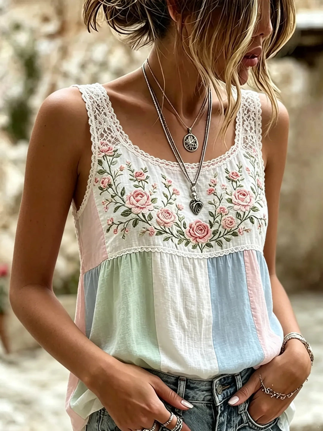 Women's Rose Lace Patchwork Print Cotton Tank Top