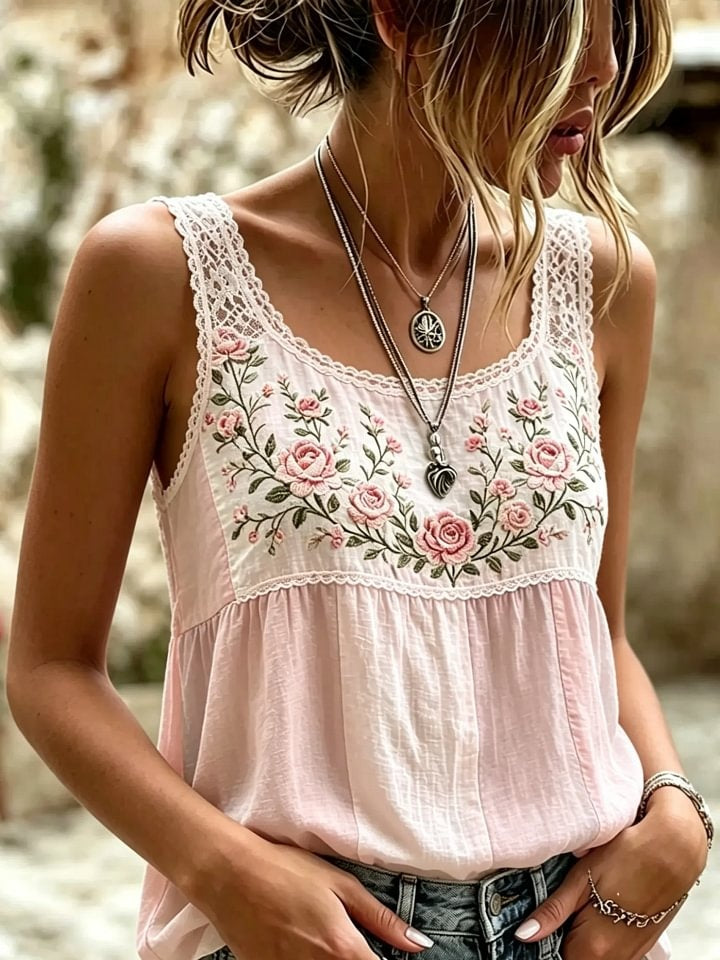 Women's Rose Lace Patchwork Print Cotton Tank Top