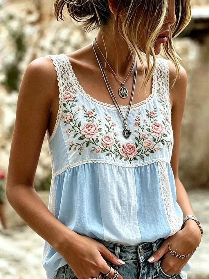 Women's Rose Lace Patchwork Print Cotton Tank Top