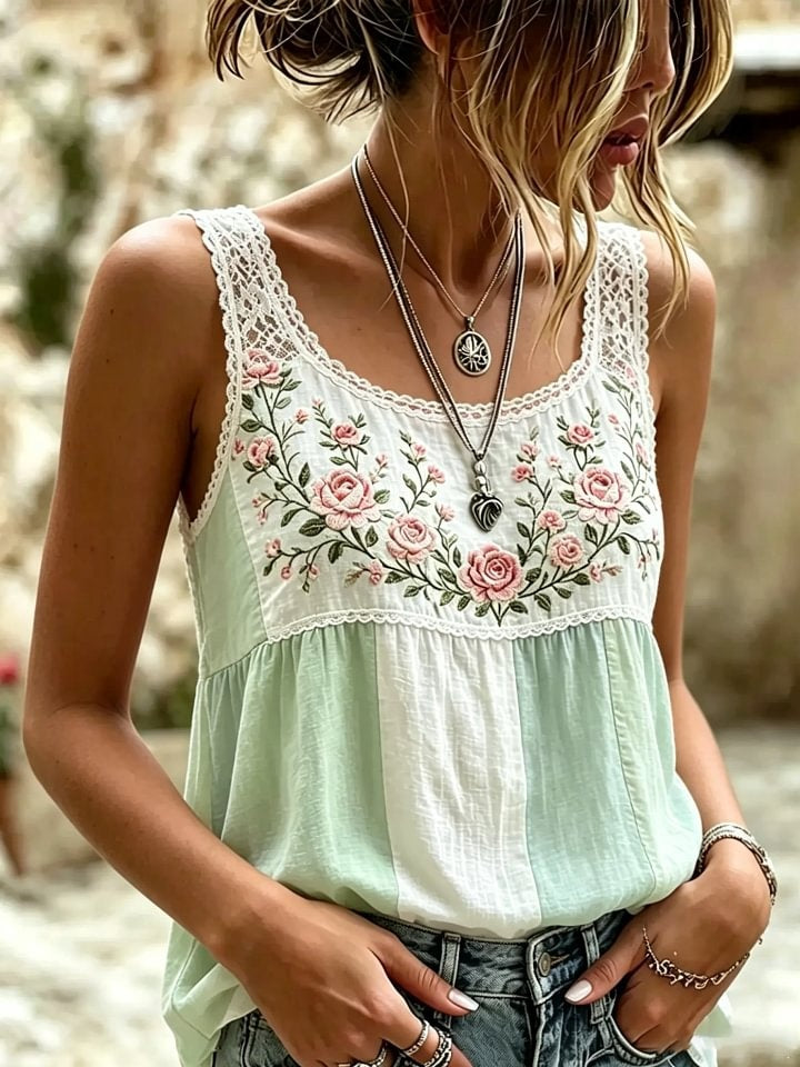 Women's Rose Lace Patchwork Print Cotton Tank Top