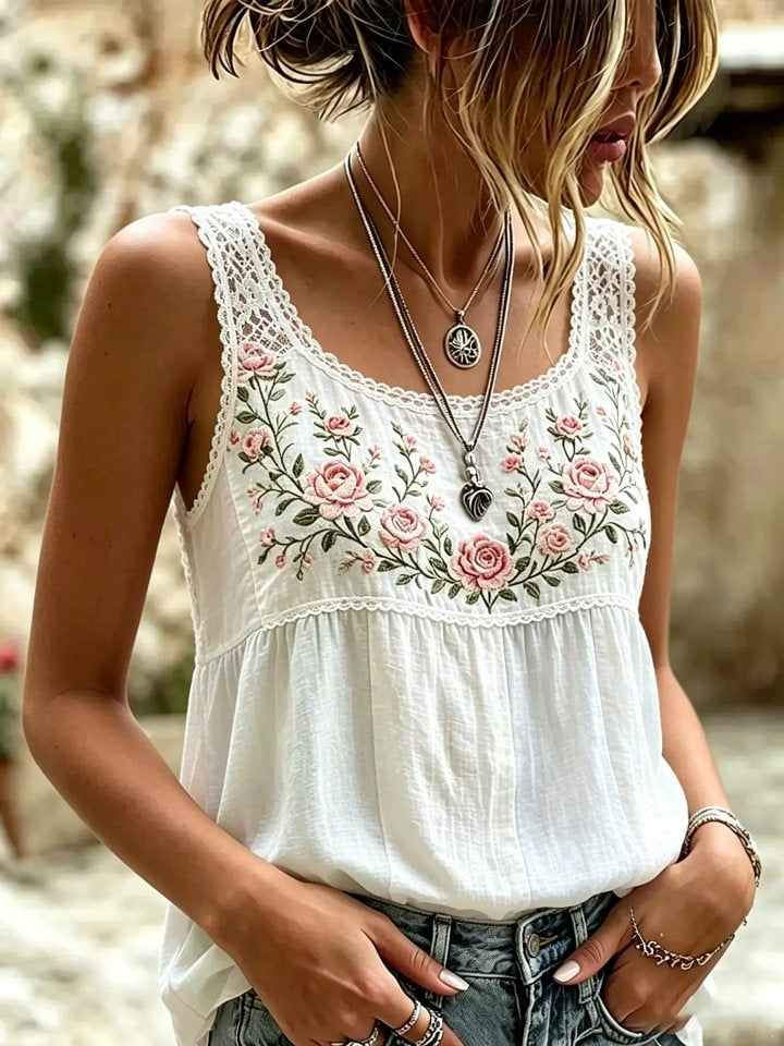 Women's Rose Lace Patchwork Print Cotton Tank Top