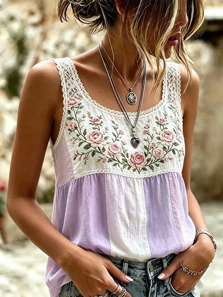Women's Rose Lace Patchwork Print Cotton Tank Top