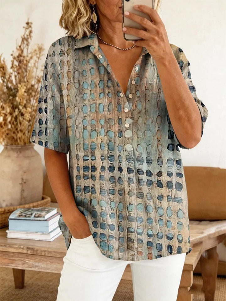 Women's Retro Art Print Casual Short-sleeve Cotton Linen Shirt