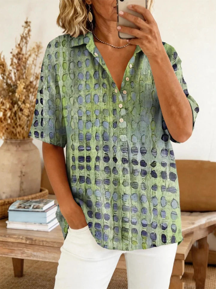 Women's Retro Art Print Casual Short-sleeve Cotton Linen Shirt