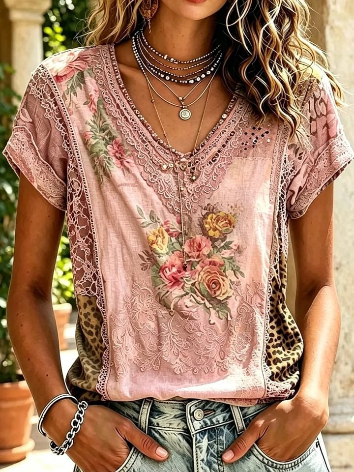Women's Vintage Rose & Leopard Print Cotton Short Sleeve Shirt