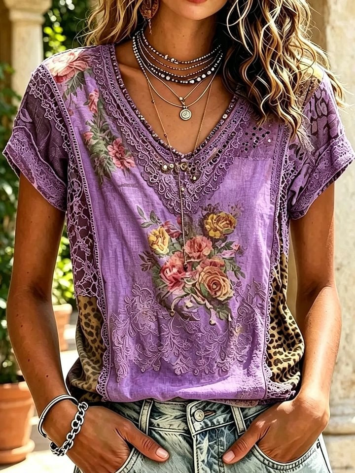 Women's Vintage Rose & Leopard Print Cotton Short Sleeve Shirt