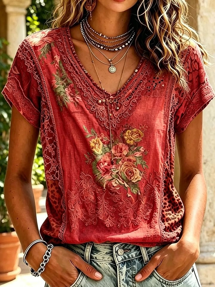 Women's Vintage Rose & Leopard Print Cotton Short Sleeve Shirt