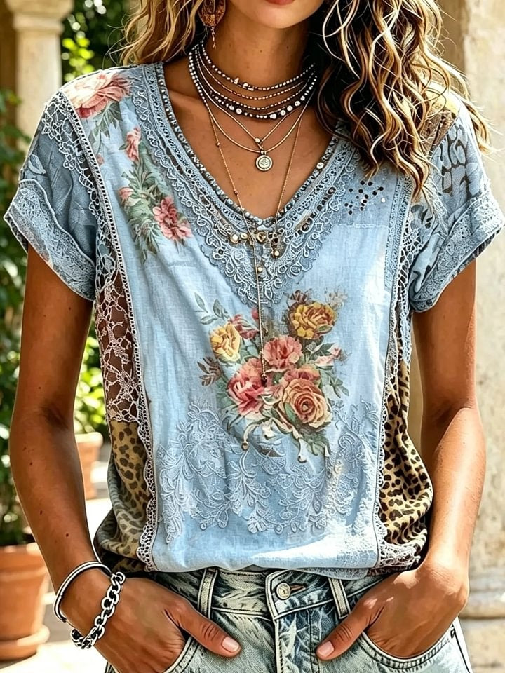 Women's Vintage Rose & Leopard Print Cotton Short Sleeve Shirt