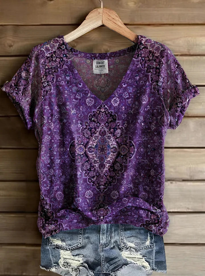 Vintage Ethic Print V-neck Casual T-Shirt